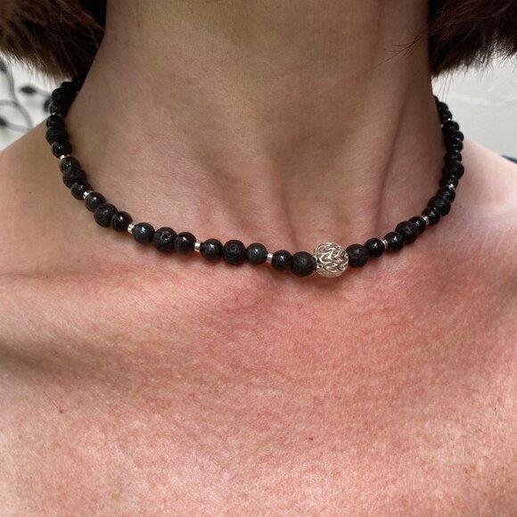 Black natural stone & sterling silver choker - Picture 3 of 9